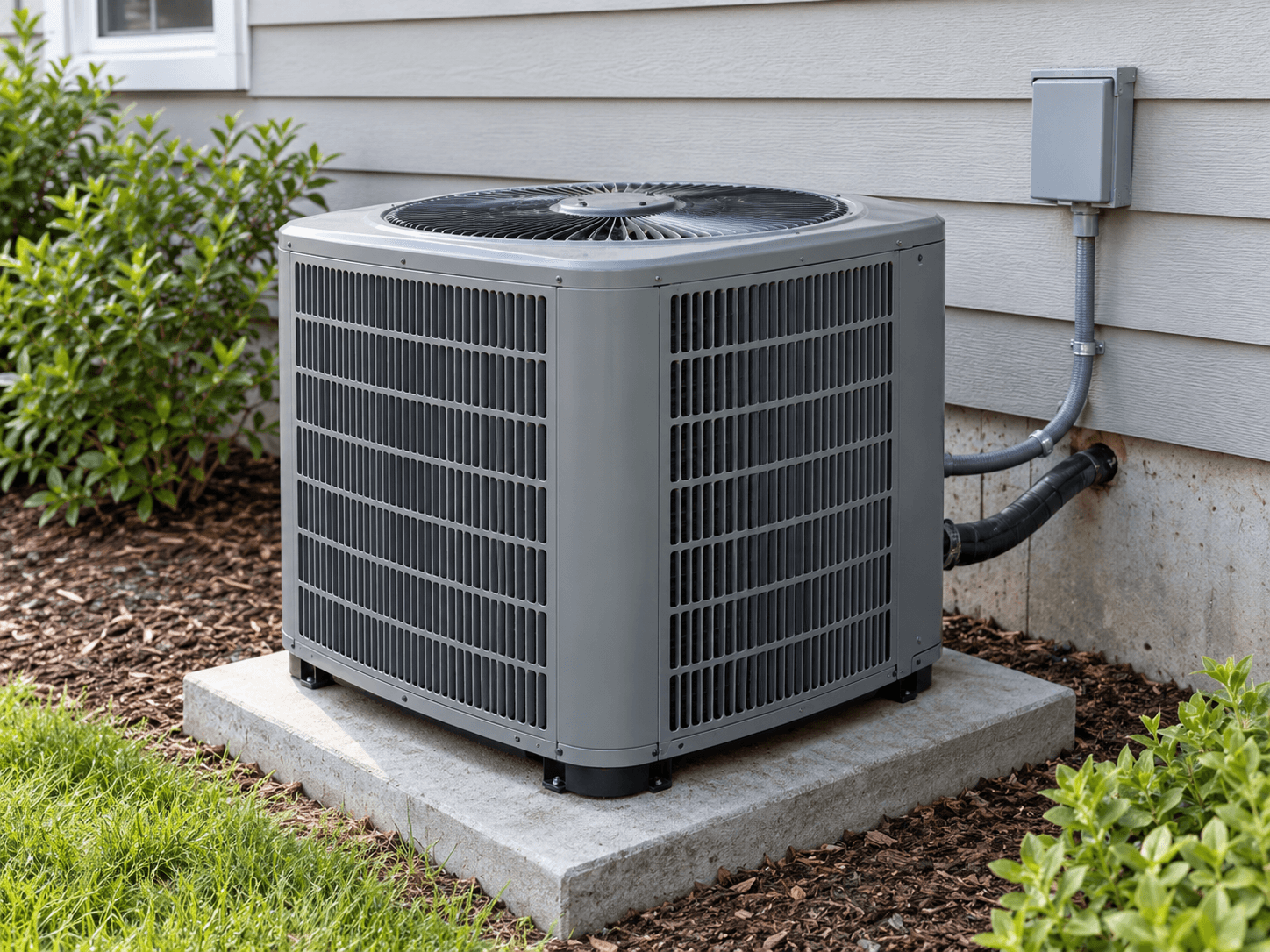 An outdoor air conditioning condenser beside a house.