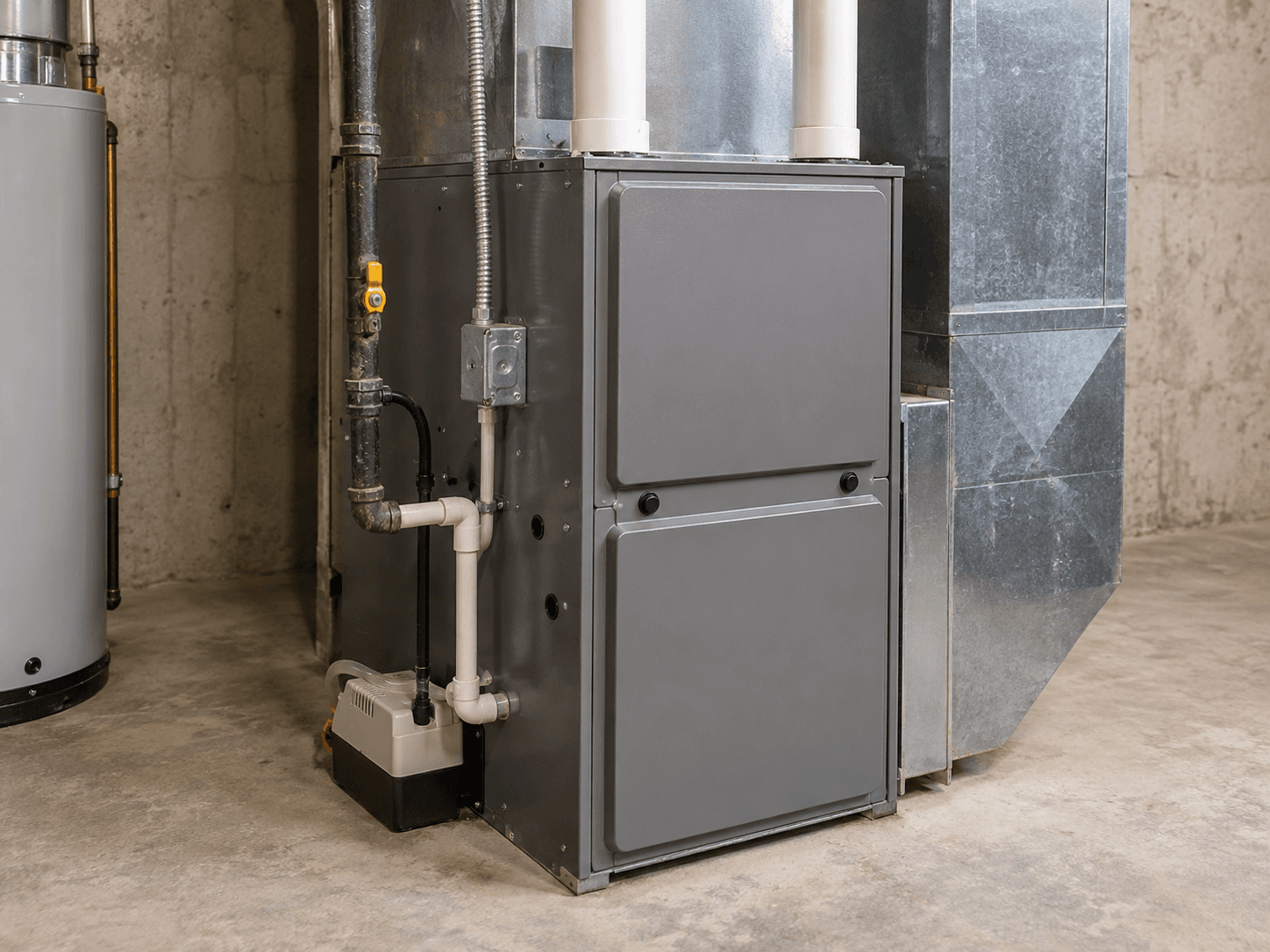 A gas furnace in a basement with its ductwork and drain pump.