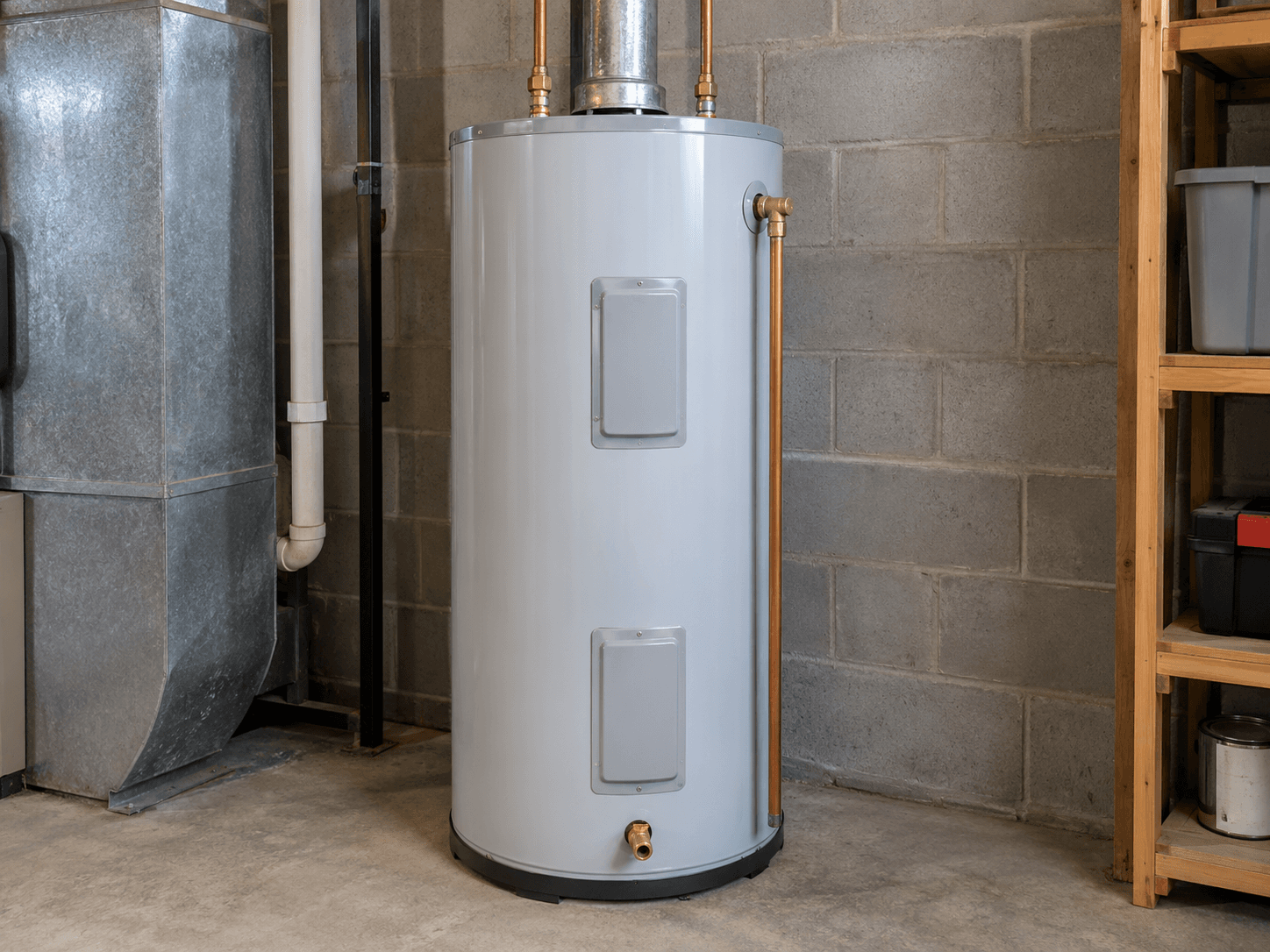 A tank water heater standing in a basement beside a block wall.