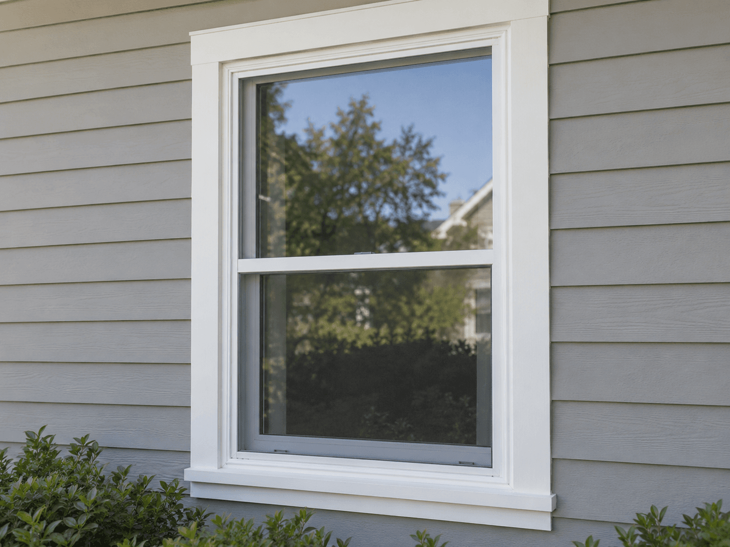 A white double-hung window set in gray siding.
